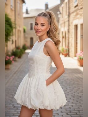 Promesa Pure Love Eyelet Lace Boatneck Bubble Mini Dress - Sz Medium - NWT